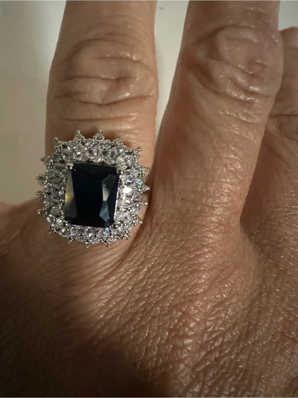 Classic Silvertone Blue Stone Halo Cocktail Ring - Women Jewelry